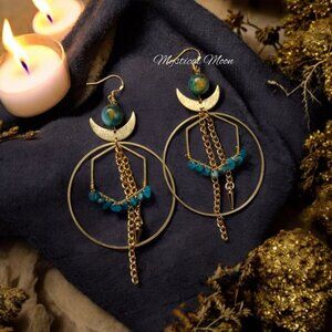 Cosmic Oversized Earrings Geometric Hexagon Turquoise Gemstone Beaded Crescent